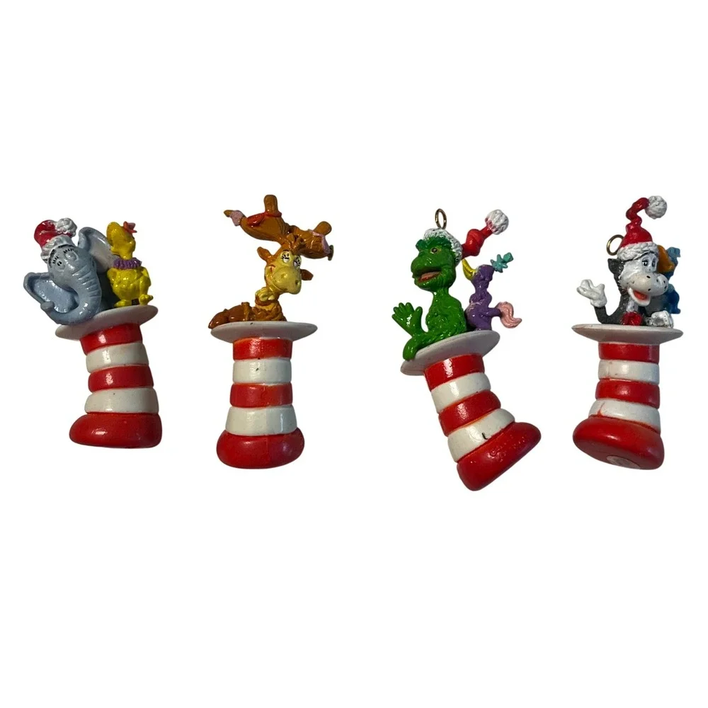 Dr Seuss Christmas Ornament Set 4pc Grinch Horton Cat in the‎ Hat Stocking Mini